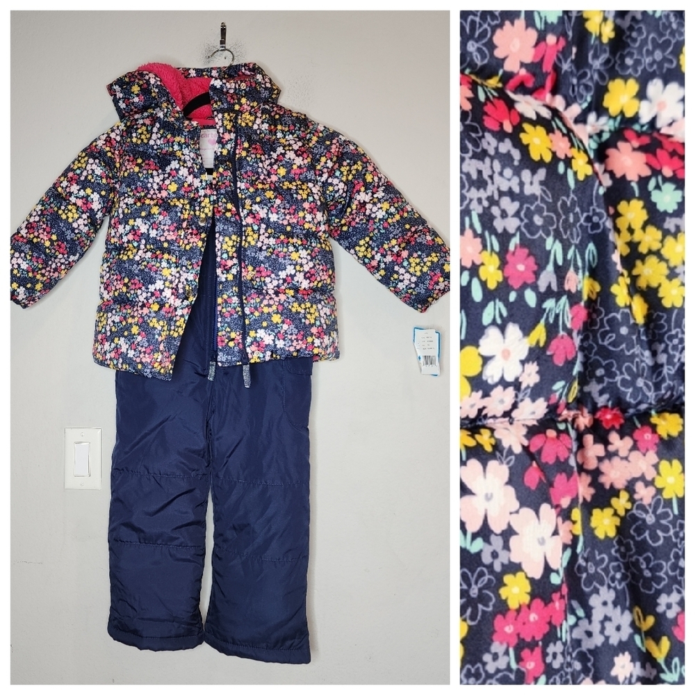 NWT‎ Carters Snow Set Bibs & Puffer Coat Fleece Lined Blue Pink Floral Size S/4